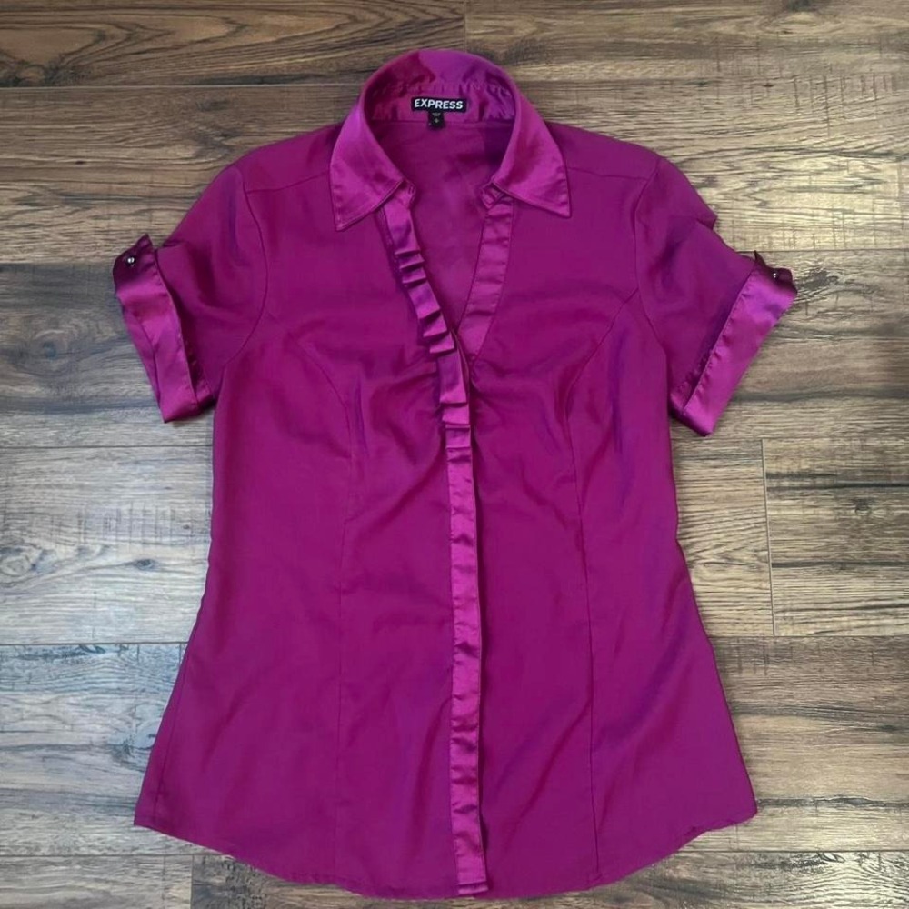 Express Purple Short Sleeve Button Up Ruffle‎ Grunge Coquette Satin Women Small